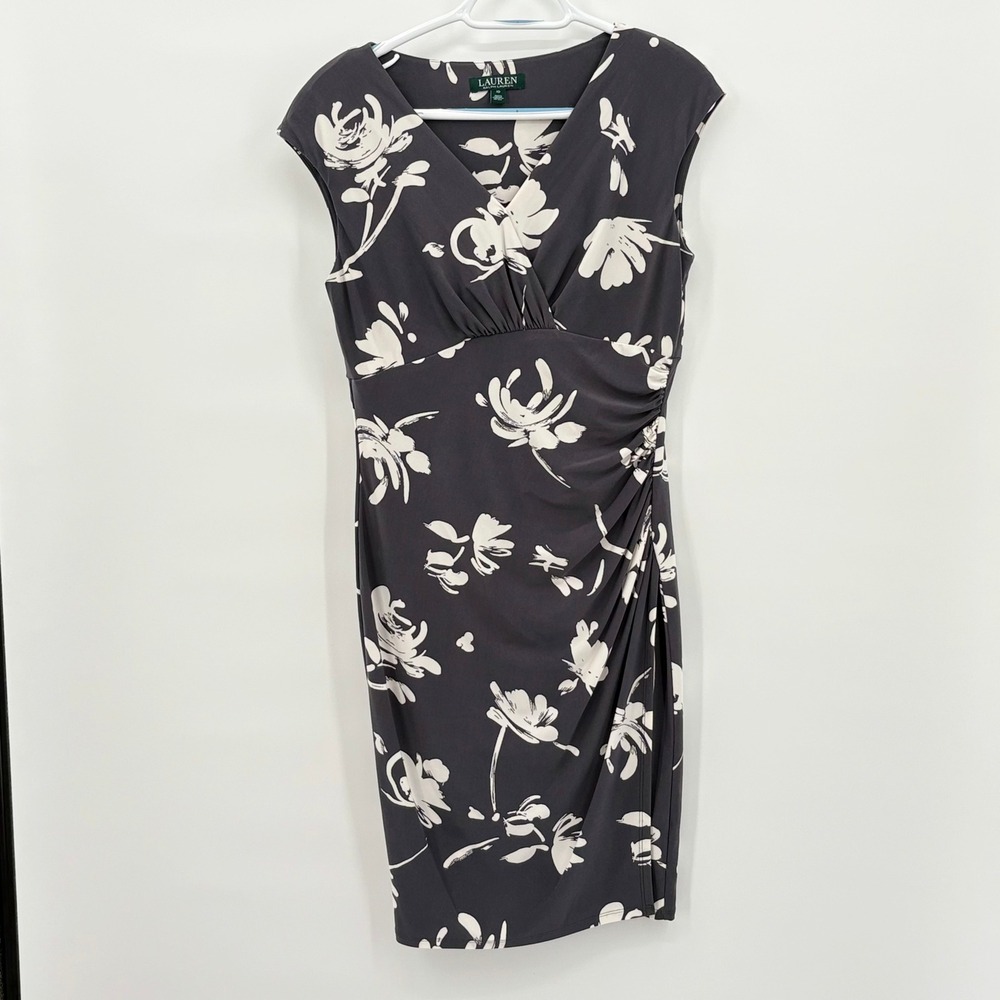 Lauren Ralph Lauren Floral Ruched Sheath Dress Grey Cream V-Neck Size 10‎